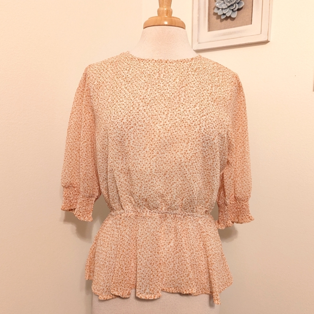 Hayden Floral Ditsy Peplum Cinched Short Sleeve Blouse Top Orange Large
